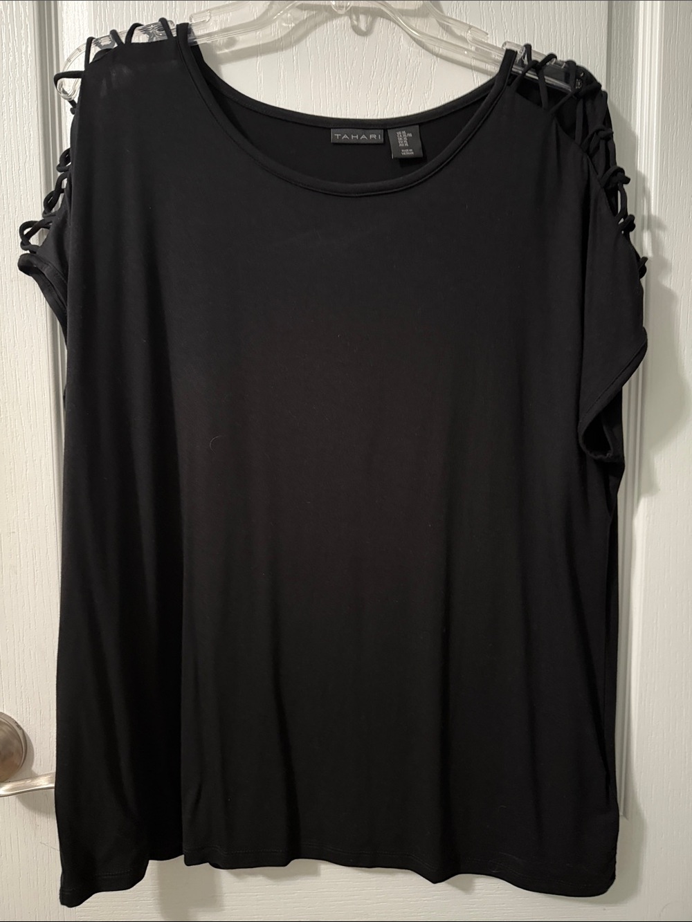 Tahari Black Short Sleeve Top with Shoulder Lattice Detail